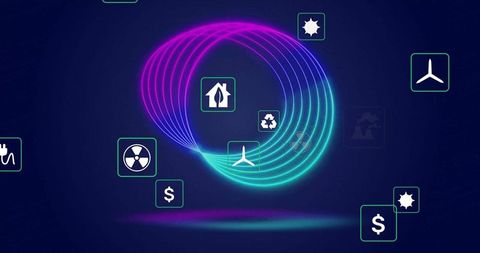 Futuristic Neon Circle with Clean Energy and Financial Icons