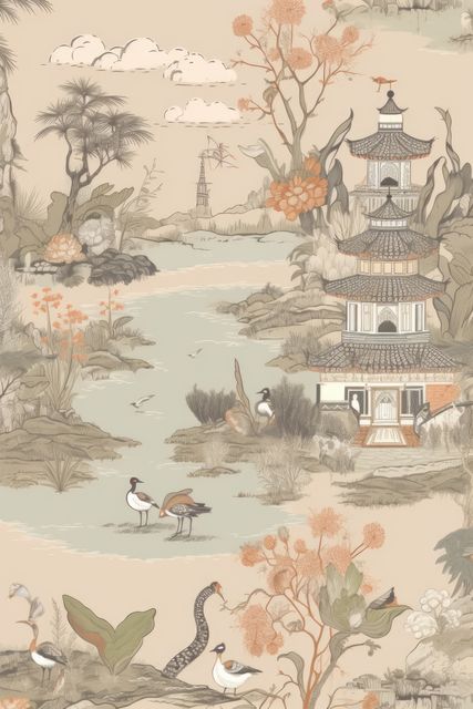 Repeatable pattern of chinoiserie on beige background, created using generative ai technology. Chinoiserie, interior design and decorative pattern concept digitally generated image.