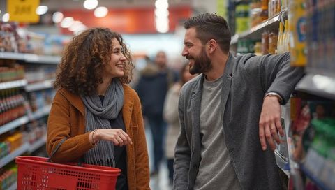 Couple chatting while grocery shopping in supermarket aisle, smiling and browsing shelves