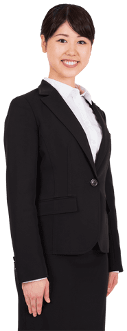 Transparent Asian Businesswoman in Formal Black Suit Smiling