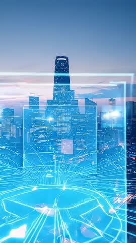 Vertical Tech City Interface Activating at Dusk with Holographic Network Grid