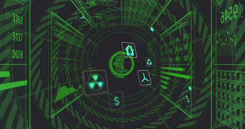 Neon Green Cyber Data Tunnel with Rotating HUD and Floating Icons for Analytics Dashboard