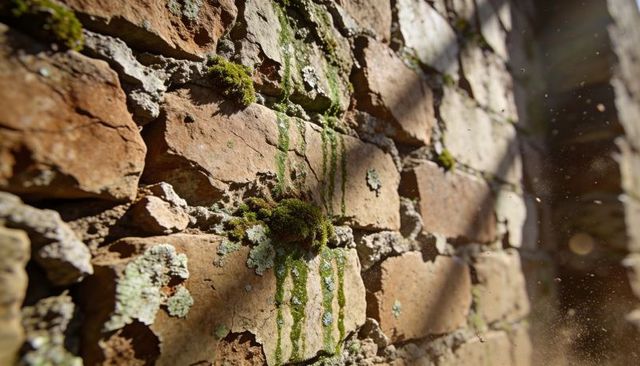Moss growing on weathered stone wall with sunlit dust motes and lichen streaks
