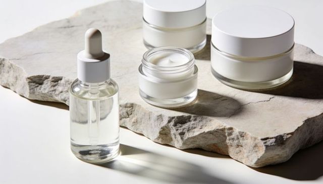 Minimalist skincare set with dropper bottle and cream jars on natural stone slab
