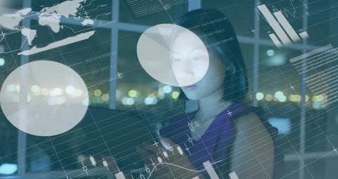 Businesswoman Analyzing Digital Data Interface in Modern Office