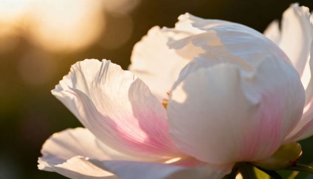 Blooming Pale Pink Peony Backlit by Golden Hour Sunlight, Soft Pastel Macro