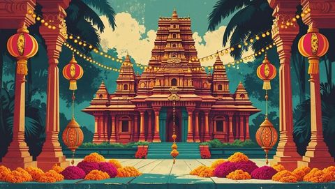 Illuminated temple with string lights and lanterns during festive celebration, vishu festival