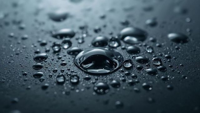Glossy water droplets beading on dark surface with macro reflections and moody lighting