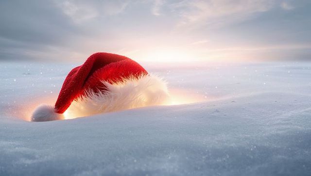Glowing Santa Hat Resting in Snowdrift at Sunrise Emitting Warm Holiday Light, Minimal Winter Scene