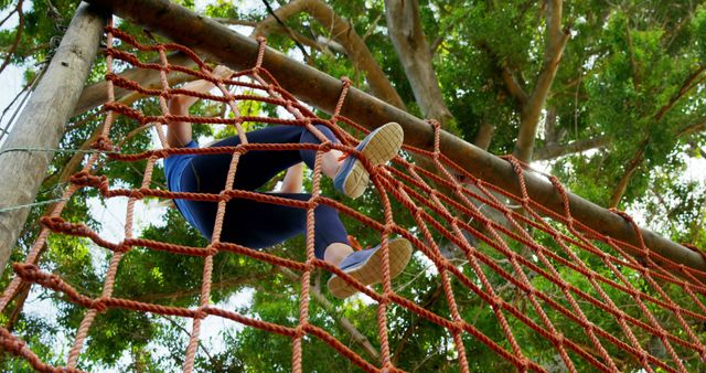 A child is climbing on a rope net in a playground, surrounded by green trees, with copy space - Download Free Stock Photos Pikwizard.com