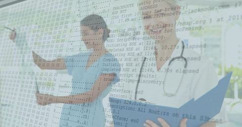 Medical team collaborating with digital code overlay for clinical innovation and medtech