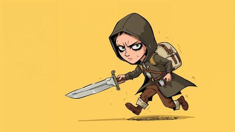 Energetic chibi assassin adventurer running with sword and backpack