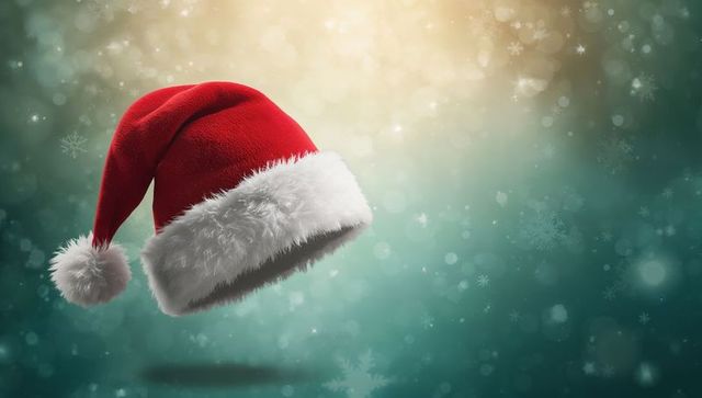 Floating Santa Hat with Plush Fur and Bokeh Snowflakes Holiday Glow