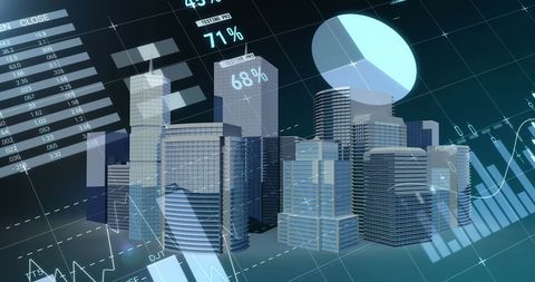 Financial Data Overlay on Modern Urban Cityscape - Download Free Stock Images Pikwizard.com
