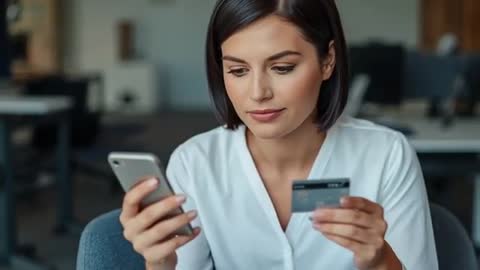 Checking credit card on smartphone in office for secure mobile payment and online checkout