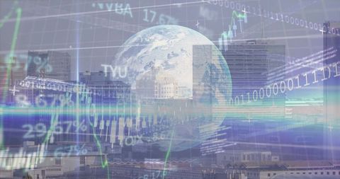 Global finance data overlaying urban skyline with earth globe and market charts