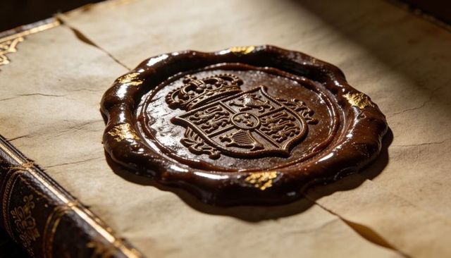 Antique Wax Seal with Heraldic Crest on Aged Parchment Gleaming in Warm Light