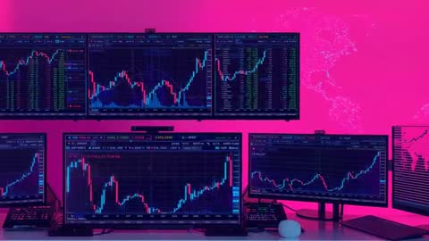 Modern Six-Monitor Trading Setup with Candlestick Data Display