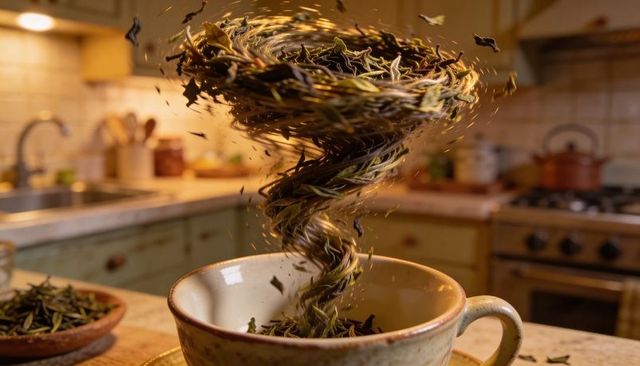 Ceramic cup releasing tea leaf vortex on rustic countertop, cozy kitchen atmosphere