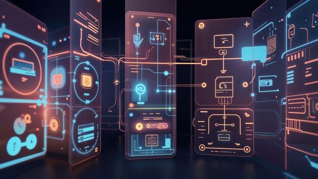 Futuristic virtual panels displaying intricate circuit design