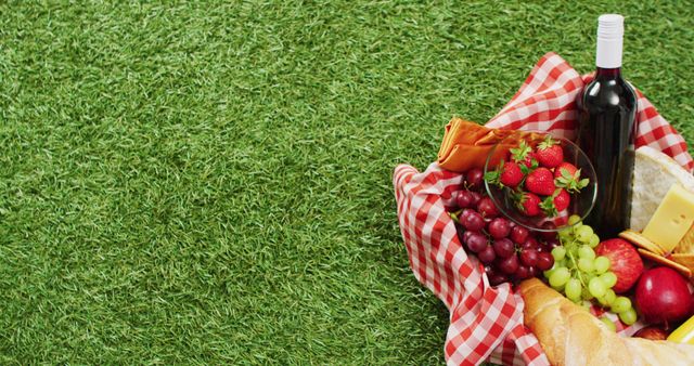 Picnic basket with checkered blanket, fruits, bread, cheese and wine on grass with copy space. Picnic day, food and nature concept.