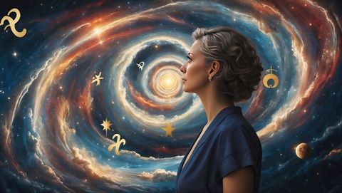 Astrologer Contemplating Mystical Galaxy with Zodiac Symbols