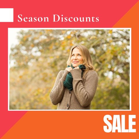 smiling woman in cozy fall attire promoting seasonal discounts - Download Free Stock Templates Pikwizard.com