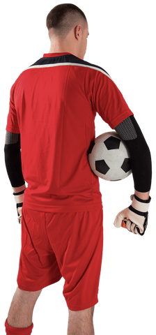 Goalkeeper in Red Uniform Holding Ball with Transparent Background