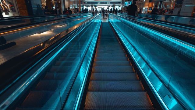 Descending central escalator guiding passengers through modern airport concourse