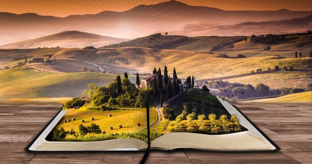 Open Book Transforming into Scenic Landscape with Hills and Valleys - Download Free Stock Photos Pikwizard.com
