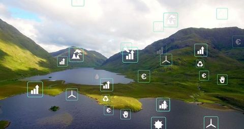 Digital Icons Over Serene Lake and Highland Landscape