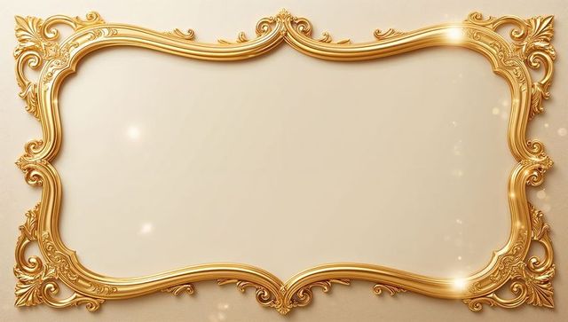 Ornate gold baroque rococo frame with blank beige canvas and sparkling highlights
