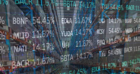 Stock Market Analytics Overlay on Empty Warehouse Interior