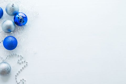 Blue and Silver Christmas Ornaments on White Background