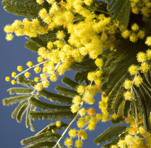 Close up of yellow mimosa flowers over green leaves created using generative ai technology. Flowers, harmony and nature concept, digitally generated image.