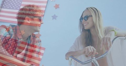Smiling Friends on Bike with USA Flag Overlay, Summer Fun