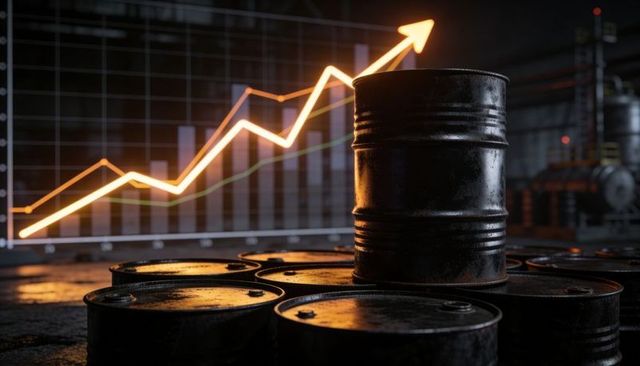 Black oil barrels on reflective wet floor with upward trending price graph