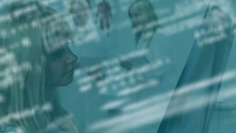 Caucasian Female Doctor Analyzing X-ray with Data Overlay