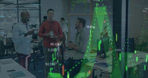 Financial data overlay on diverse team discussing in office