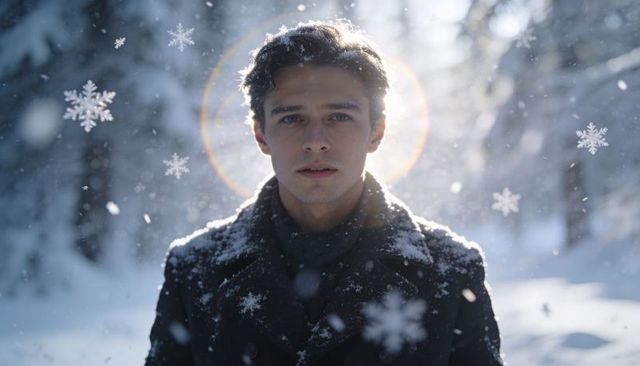 Cinematic winter backlit portrait of young man wearing snow-dusted coat and scarf