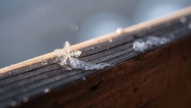 Backlit snowflake sparkling on grooved wood railing macro melting ice crystal detail