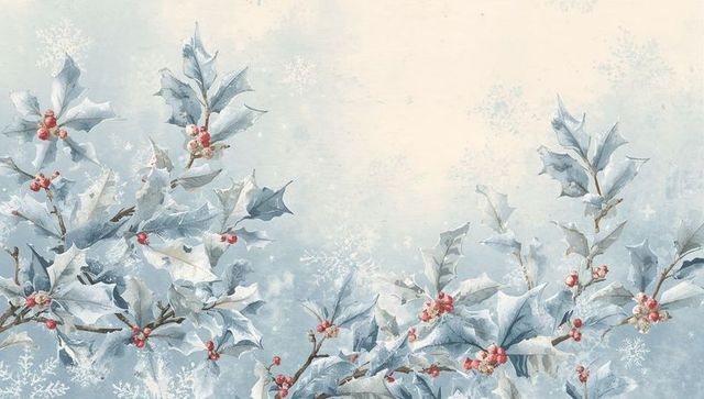Icy blue holly branches with red berries watercolor winter background with snowflakes