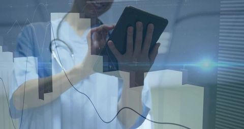 Nurse analyzing patient data on tablet in modern clinical environment