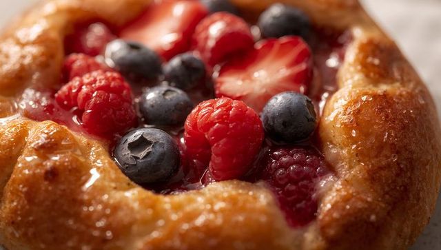 Glazed mixed berry tart showcasing golden pastry crust, raspberries and blueberries