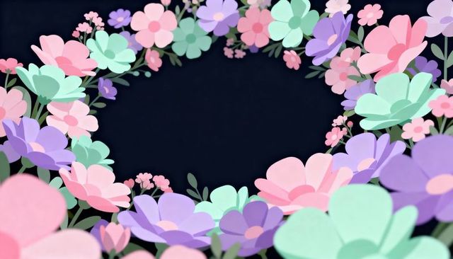 Pastel paper-cut floral wreath framing dark oval center for spring greeting card