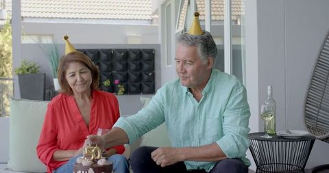 Senior Couple Celebrating Birthday Outdoors with Cake and Wine