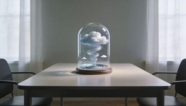 Surreal glass cloche containing hovering cloud and swirling vortex on minimalist table