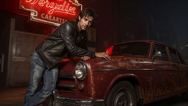 Brooding man leaning on vintage rusted sedan under red neon sign wearing leather jacket