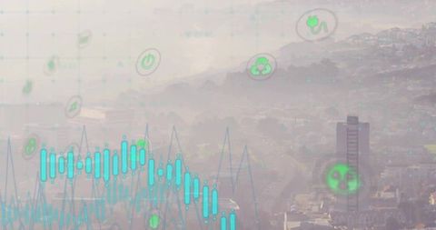 Smart Urban Analytics Over Foggy Cityscape with Energy Icons