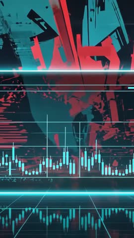 Glitch Revealing Red Teal Panels with Pulsing Lines and Candlestick Chart Vertical Video